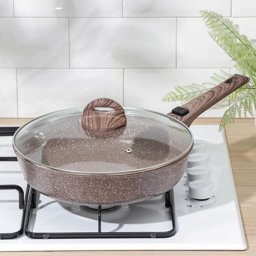 Сковорода Доляна «Брауни», d=28 см, съёмная ручка, стеклянная крышка, антипригарное покрытие, индукция, алюминий, коричневая