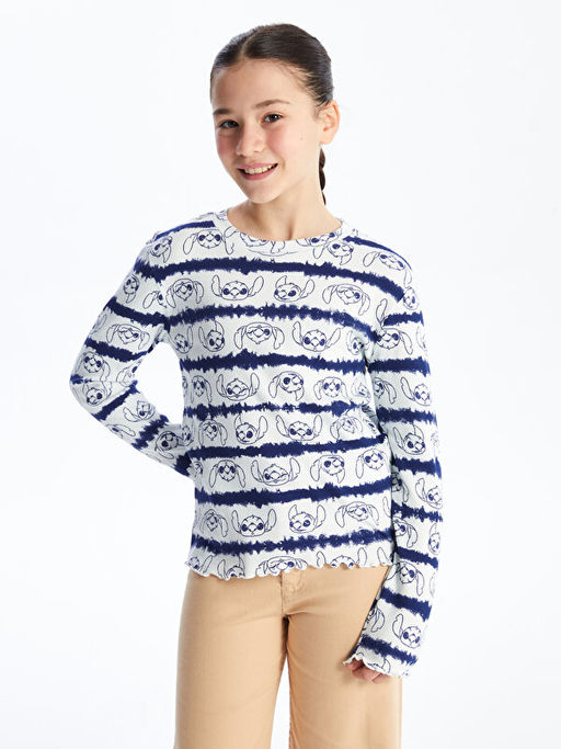 Bisiklet Yaka Lilo ve Stitch Bask?l? Uzun Kollu K?z ?ocuk Ti??rt