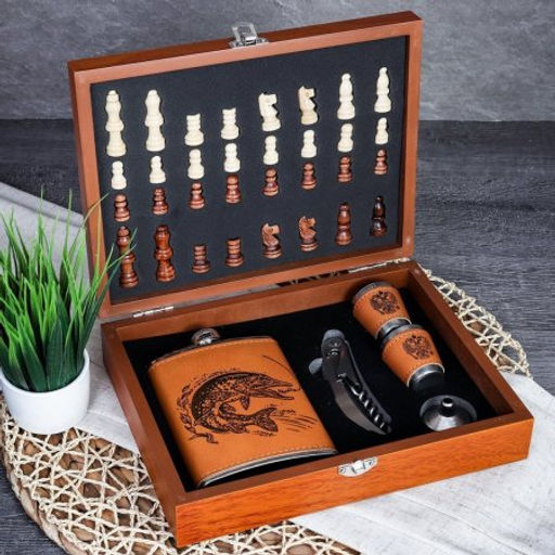 Фляжка 200 мл с шахматами + 2 стопки 25 мл, открывашка, воронка / FL-181 /уп 20/ - Галеонтрейд фото 2