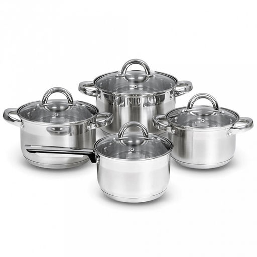 Набор посуды из нержавеющей стали "Kelli" 4 предмета: кастрюля 2,1л, 2,9л, 3,9л, сотейник 2,1л, стеклянная жаропрочная крышка, пароотвод, ручки из нержавеющей стали, капсульное дно, клепаные ручки, цветная коробка (Китай) Подходит для всех видов плит