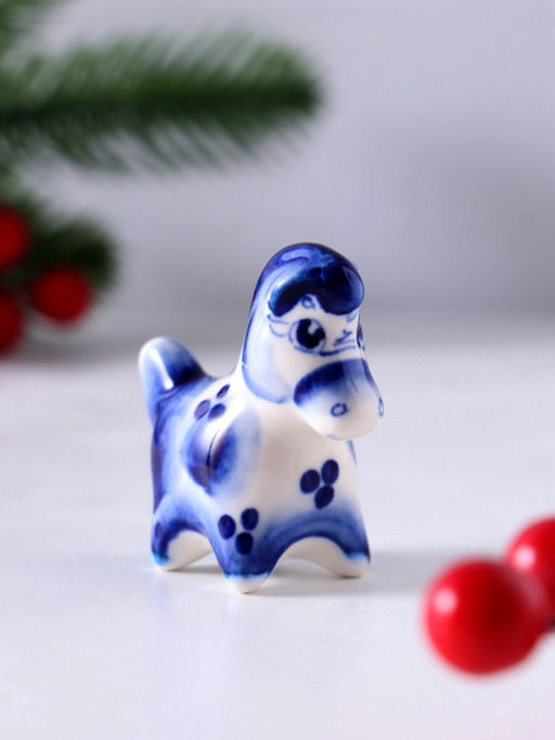 Цена за 2 шт. Фигурка фарфор гжель Конь Дымка, 5?5.5?2.5 см, бело-синий