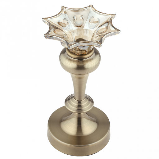 Подсвечник стеклянный "Клематис" h21,5см, чаша д11,5см, h4см, нескользящее основание д10,2см, металлическая ножка, бронзовый, в коробке (Китай)