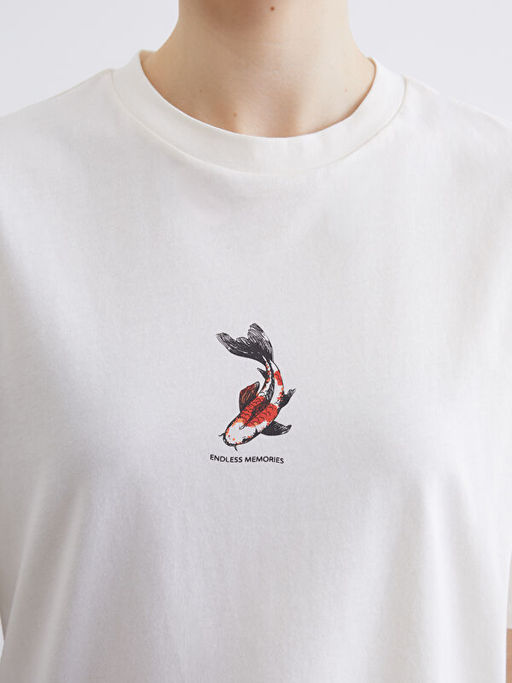 Bisiklet Yaka Bal?k Bask?l? Oversize Kad?n Ti??rt