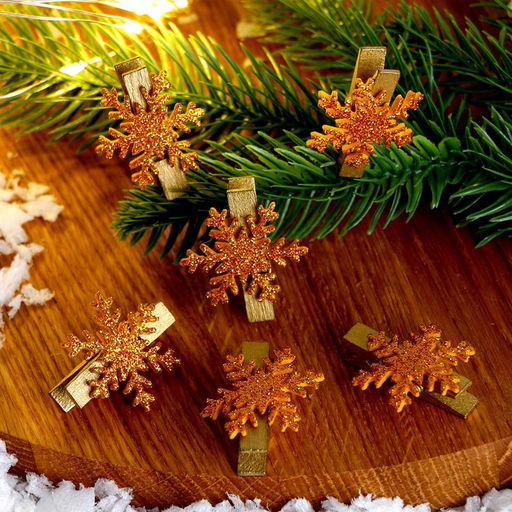 Цена за 2 шт. Прищепки декоративные новогодние Снежинки золотые, 6 шт.