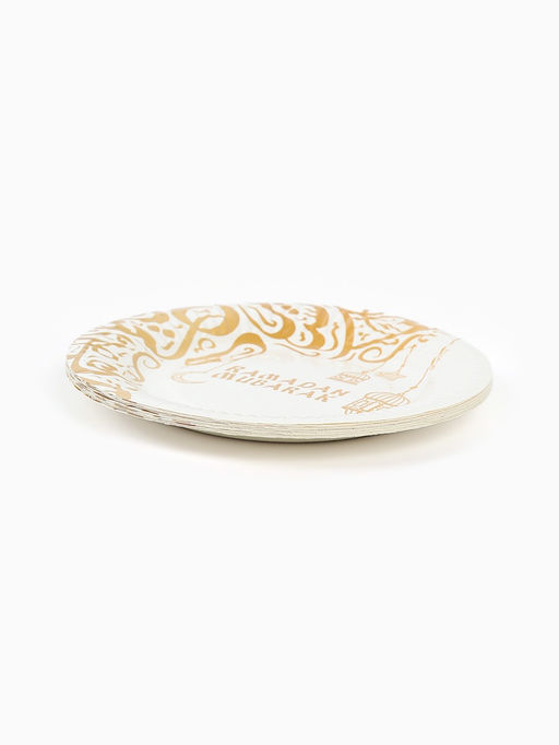 Цена за 10 шт. Тарелка одноразовая бумажная "Ramadan Mubarak", белые с золотом, 18 см.