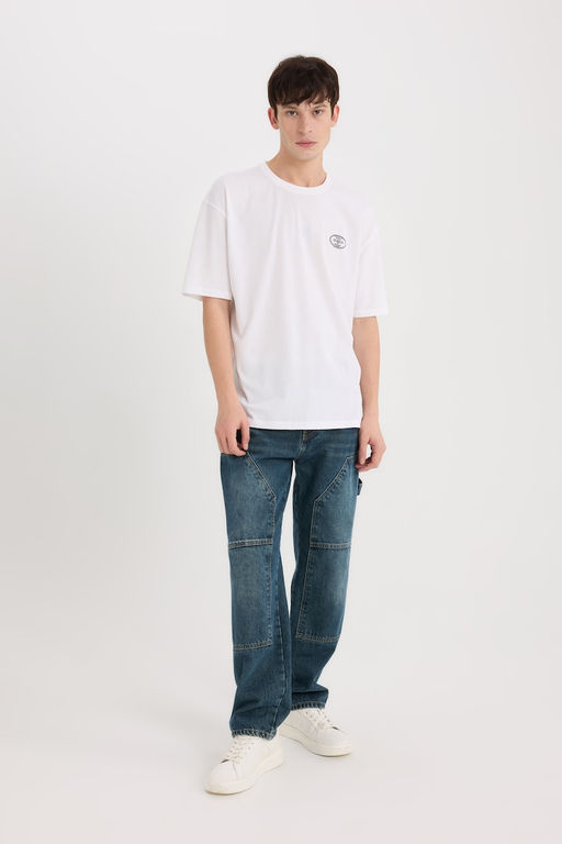 %100 Pamuk Oversize Geni_ Kal_p Bisiklet Yaka S_rt Bask_l_ K_sa Kollu Ti__rt