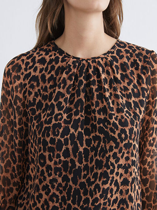 Bisiklet Yaka Leopar Desenli B?zg?l? Bluz