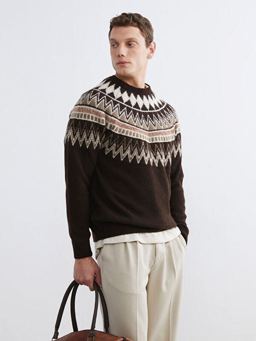 Bisiklet Yaka Desenli Erkek Triko Kazak