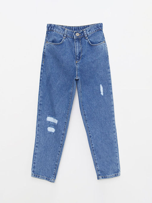 Beli Lastikli Y?rt?k Detayl? K?z ?ocuk Mom Jean Pantolon