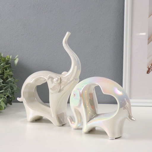 Набор фигурок керамика Слоники с сердечком, перламутр, 2 шт., h=12 см; 6?17?22 см