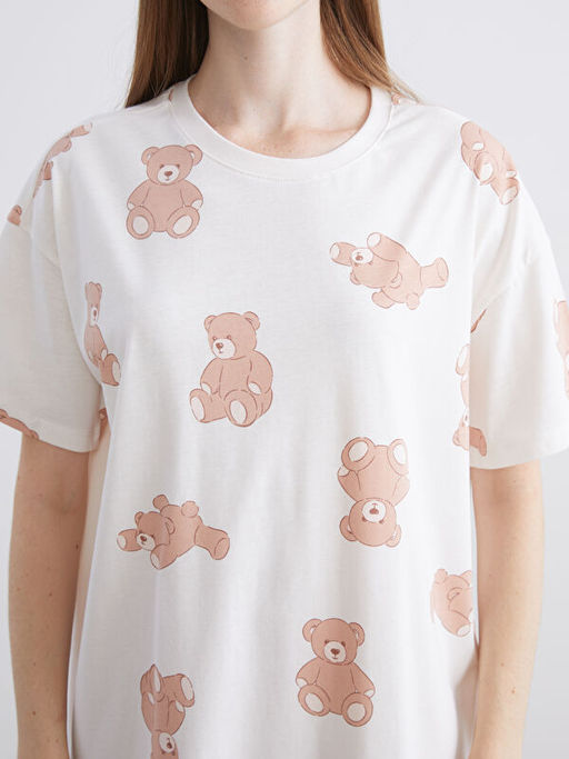 Bisiklet Yaka Ay? Teddy Bask?l? Kad?n Gecelik