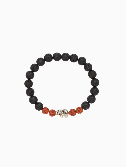 Браслет «Слоник», длина 18 см, лава, рудракша, чёрный, коричневый
