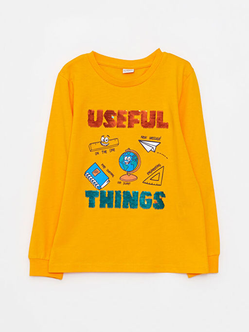 Bisiklet Yaka Bask?l? ?ift Y?nl? Payetli Uzun Kollu Erkek ?ocuk Ti??rt - Waikiki фото 2