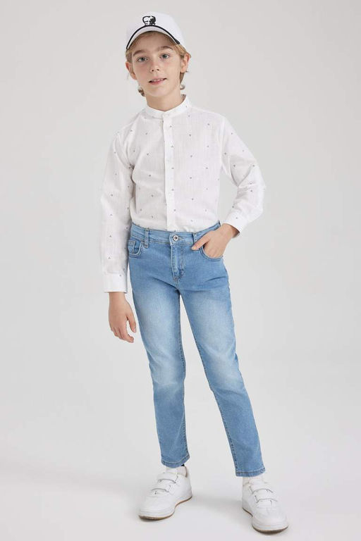 Белая рубашка с длинным рукавом и принтом в льняном стиле для мальчика - Defacto фото 2