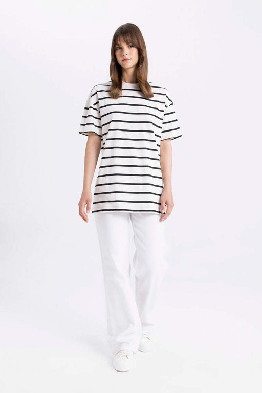 Полосатая футболка-туника с круглым вырезом и короткими рукавами - Defacto фото 2