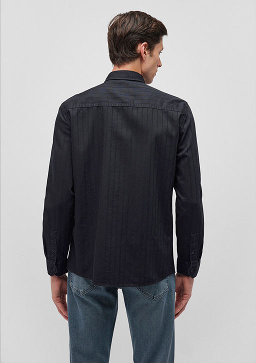 Cizgili Siyah Gomlek - Mavi фото 4