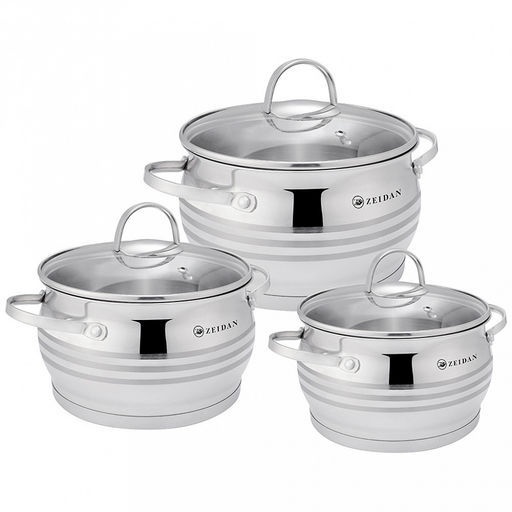 Zeidan Набор кастрюль из нержавеющей стали 3 штуки: 2л д16см, 3,0л д18см, 4,0л д20см, стеклянные крышки, 3-х слойное капсулированное дно, внутренняя - матовая полировка, снаружи - комбинированная полировка, подарочная коробка (Китай) Подходит для
