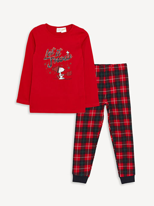 Bisiklet Yaka Snoopy Bask?l? Uzun Kollu K?z ?ocuk Pijama Tak?m?