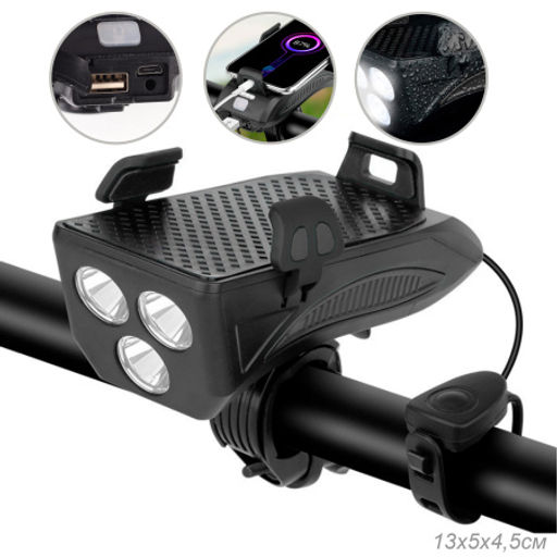 Фонарь передний COMIRON HOLDER ABS, IPX5; 3*T6 LED, 400lm 4800mAh USB индикатор заряда POWER BANK сигнал 130Дб крепление смартфона чёрный /уп 20/80/ - Галеонтрейд фото 13