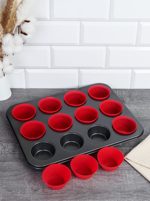 Набор для выпечки кексов и капкейков 12 ячеек 36х26 + Форма силиконовая для кексов 12 штук / RSD-50/GF-743 Красный - Галеонтрейд фото 4