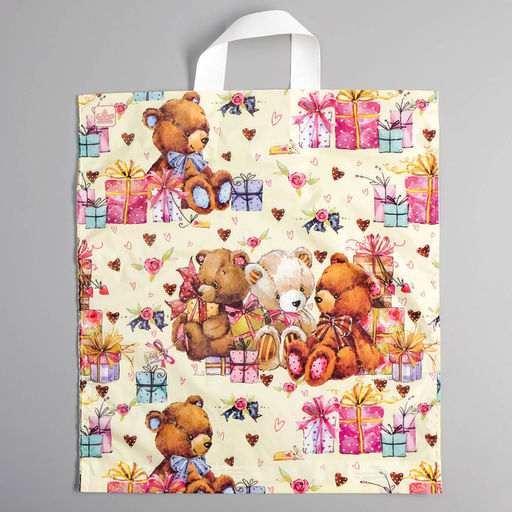 Цена за 50 шт. Пакет «Мишки с подарками», полиэтиленовый с петлевой ручкой, 42×38 см, 33 мкм