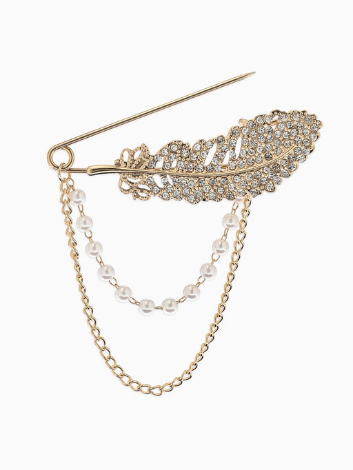 Булавка «Перо с цепочкой и жемчугом», в стразах, L=7.5 см, белая в золоте