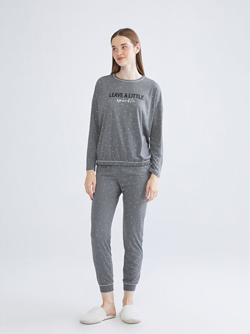 Bisiklet Yaka Bask?l? Kad?n Pijama Tak?m?