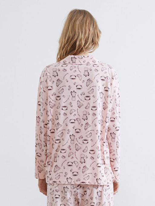 G?mlek Yaka Bask?l? Kad?n Pijama ?st?