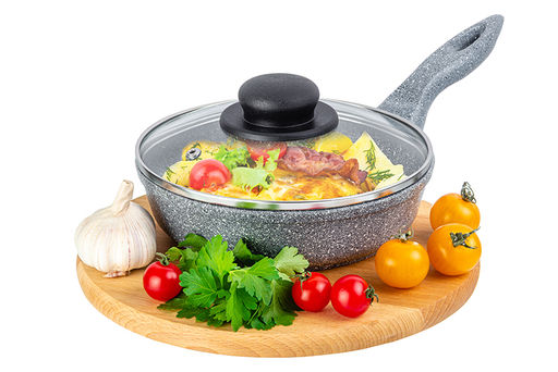 Сковорода глубокая 18 см ГАРМОНИЯ ВКУСА Серый мрамор С КРЫШКОЙ ф18, н/р, 33,5*19*10 см - Elan gallery фото 3