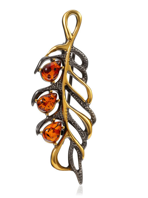 Изящная ажурная брошь с чернением и золочением Перышко