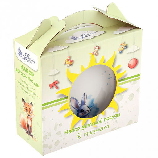 Набор посуды фарфоровый "Зайка, голубой" 3 предмета: тарелка мелкая д175мм гладкий край, салатник д360мм, кружка 210мл, форма "Глория", подарочная упаковка (Россия)