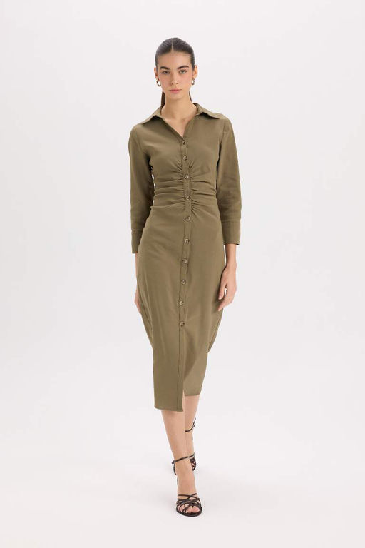 Базовое бенгальское платье с воротником рубашки и присборенной талией на пуговицах до половины рукава - Defacto фото 3