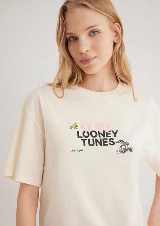 Looney Tunes Bask?l? Ekru Tisort