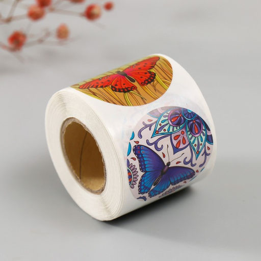 Наклейка бумага Бабочки, d=3.8 см, 252 шт. в рулоне