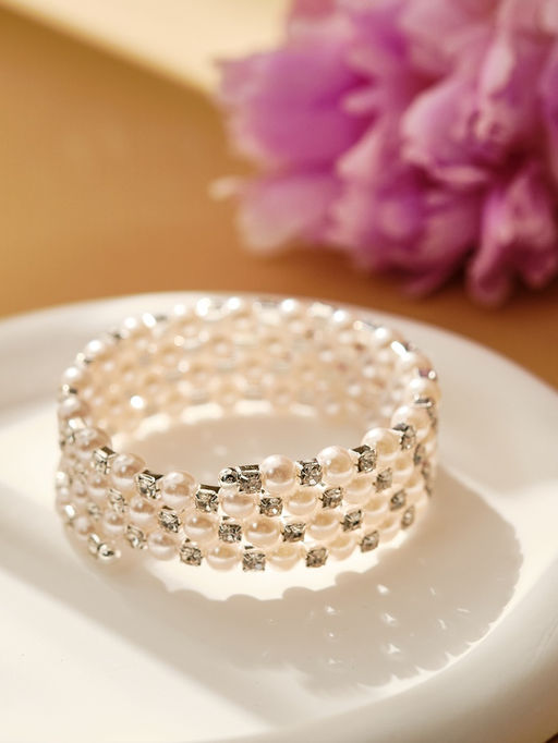 Браслет жемчуг Пружинка стразинки, шар №6, цвет белый в серебре, d=6 см