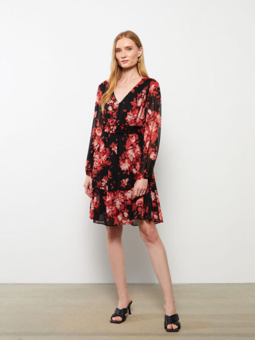 V Yaka Desenli Uzun Kollu ?ifon Kad?n Elbise