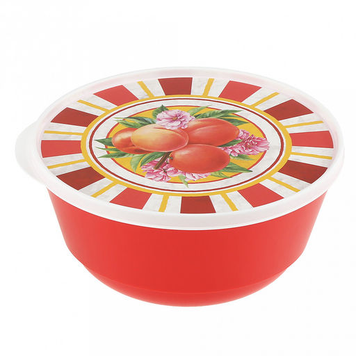 Миска пластмассовая "Bergamo" 1л, д17см, h8см, с декором "Сицилия", с крышкой, красный (Россия)
