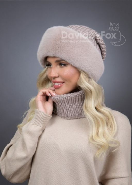 Шапка Ника трикотаж экомех бежевая