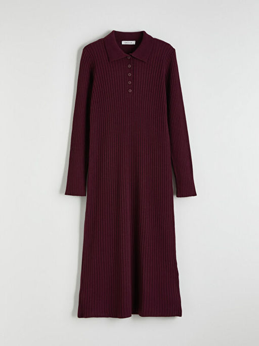 Polo Yaka Fitilli Triko Elbise