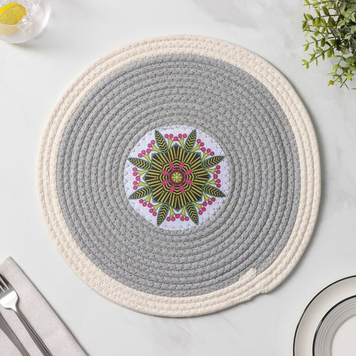 Салфетка сервировочная на стол Доляна Мира, d=38 см, хлопок, цвет серый, рисунок МИКС  фото 2