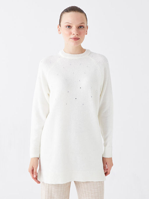 Bisiklet Yaka Bask?l? Uzun Kollu Kad?n Triko Tunik