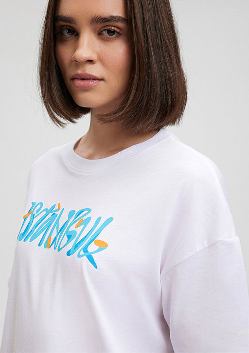 Istanbul Bask?l? Beyaz Tisort - Mavi фото 5