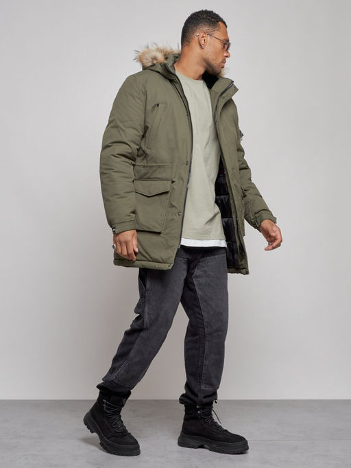 Парка мужская зимняя удлиненная с мехом цвета хаки 8318Kh - Wonderrman фото 4
