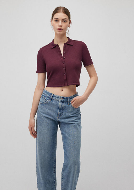 Bordo Crop Polo Tisort