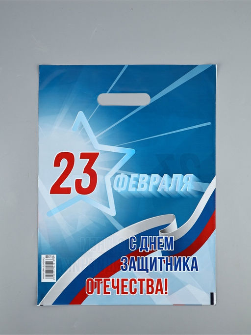 Цена за 20 шт. Пакет подарочный 23 февраля, полиэтиленовый с вырубной ручкой, синий, 30?40 см, 50 мк