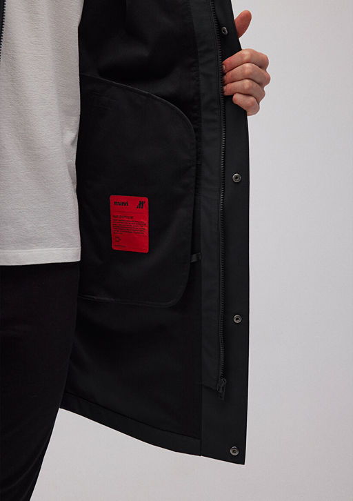 Siyah Kapusonlu Uzun Ceket - Mavi фото 3