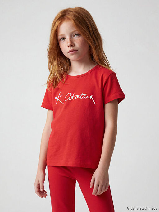 Bisiklet Yaka Atat?rk Bask?l? K?z ?ocuk Ti??rt