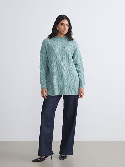 Dik Yaka Kendinden Desenli Kad?n Triko Tunik