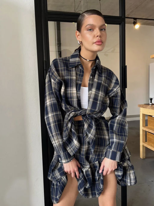 K12596 Костюм: рубашка и юбка OVER SIZE, хлопок ТМ_СИНИЙ