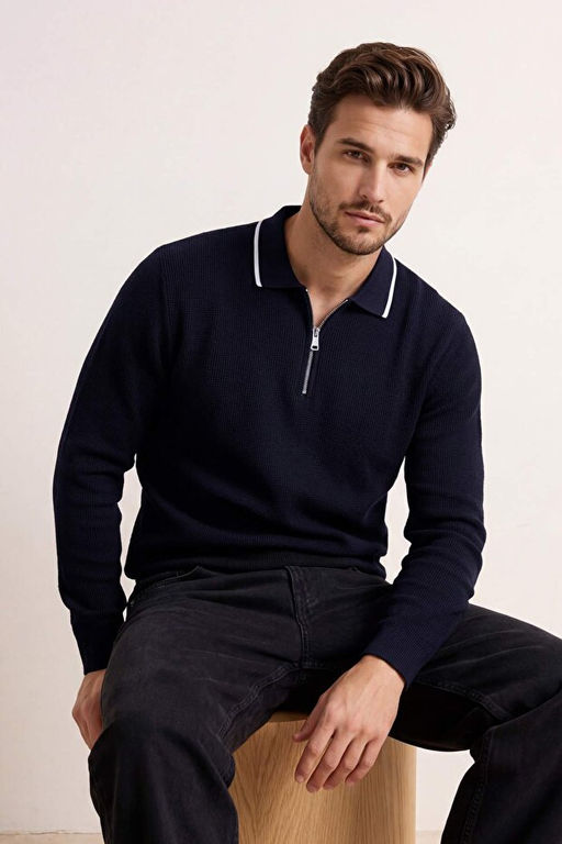 Lacivert Loose Fit Dokulu Yaka _izgi Detayl_ Fermuarl_ Polo Yaka T-shirt TMNSS26PO00003 - Trendyolmilla фото 2